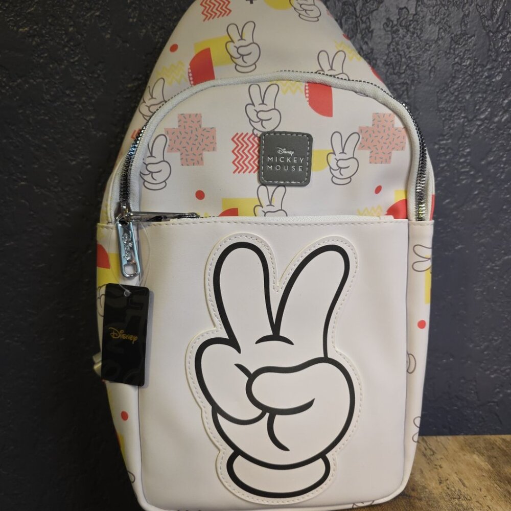 Buckle Down Disney Vegan Leather Crossbody Sling Bag, Mickey Mouse Peace Fingers